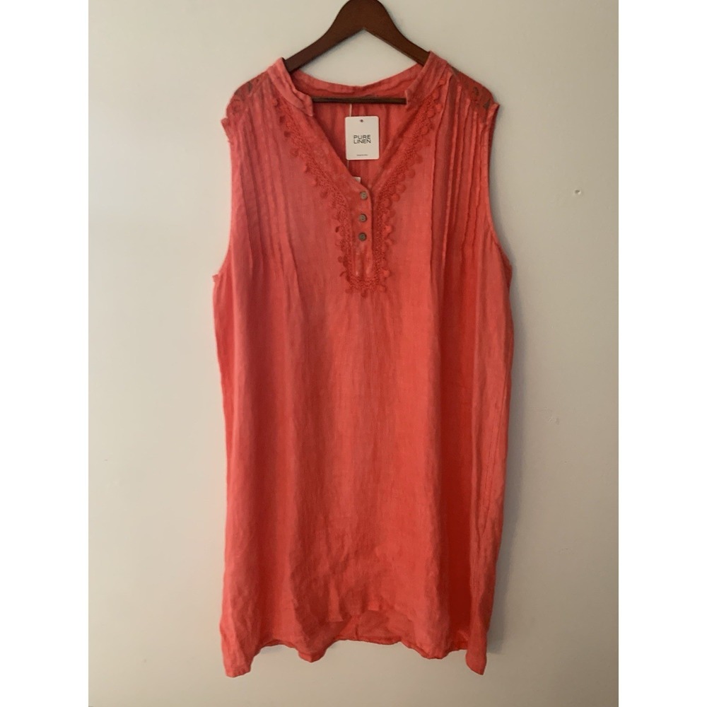 NWT Alessia Pacini 100% Linen Dress Italy Coral 1X Buttons Lace Sleeveless Midi